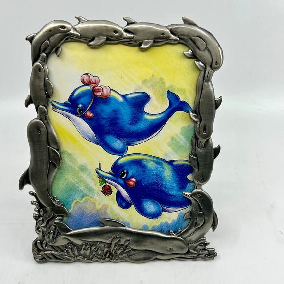 Vtg. Raj 2000 Picture Frame Metal Pewter Ocean Life~ Dolphins~Whales 8” - Picture 2 of 9